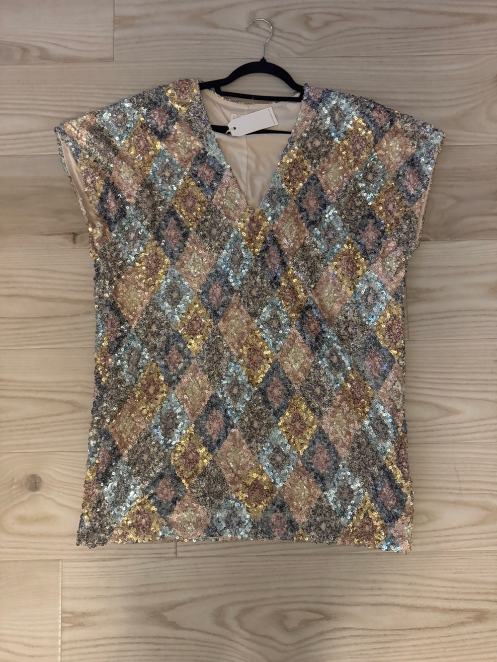 Sequin Argyle V-Neck shirt dress in Multi Pastel